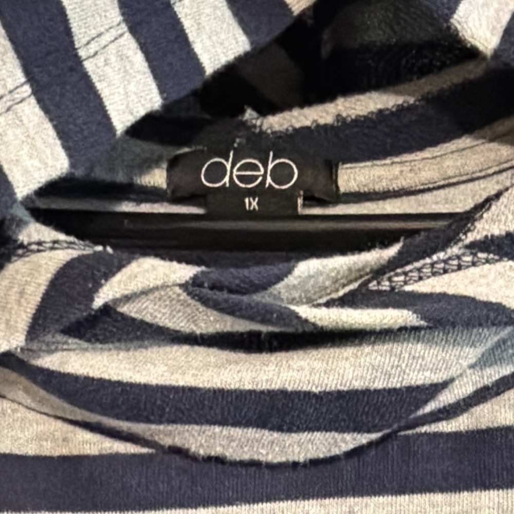 deb Women's Plus 1X Hooded Pullover Hoodie Navy Gray Striped Long Sleeve - Picture 6 of 9
